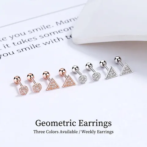 Minimalist 925 Sterling Silver Geometric Stud Earrings Triangle Round Screw Back Rhinestone Inlaid Piercing Jewelry For Women