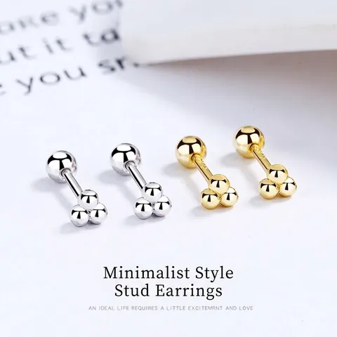 Orecchini a Bottone Minimalisti in Argento Sterling 925 Con Tre Perle Per Donna Piccoli Orecchini per Cartilagine Con Chiusura a Vite Gioielli Placcati in Oro e Oro Bianco