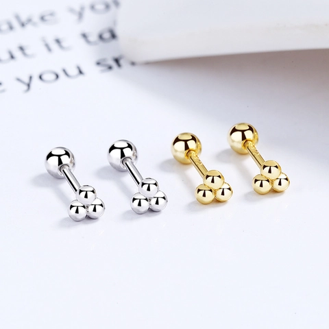 Orecchini a Bottone Minimalisti in Argento Sterling 925 Con Tre Perle Per Donna Piccoli Orecchini per Cartilagine Con Chiusura a Vite Gioielli Placcati in Oro e Oro Bianco