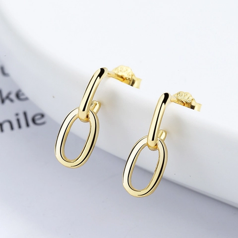 925 Sterling Silver Oval Double Ring Stud Earrings Minimalist French Style Geometric Interlocking Drop Earrings For Women Jewelry