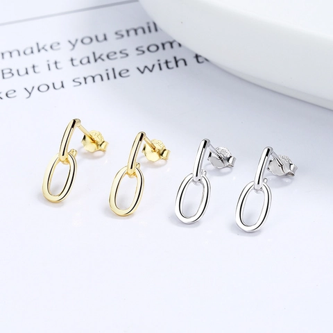 925 Sterling Silver Oval Double Ring Stud Earrings Minimalist French Style Geometric Interlocking Drop Earrings For Women Jewelry