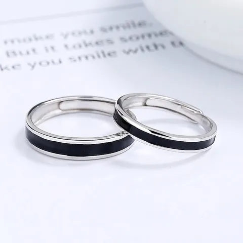 Anelli di Coppia in Argento Sterling 925 Minimalista Smalto Nero Anello Regolabile Aperto Uomo Donna Gioielli Regalo