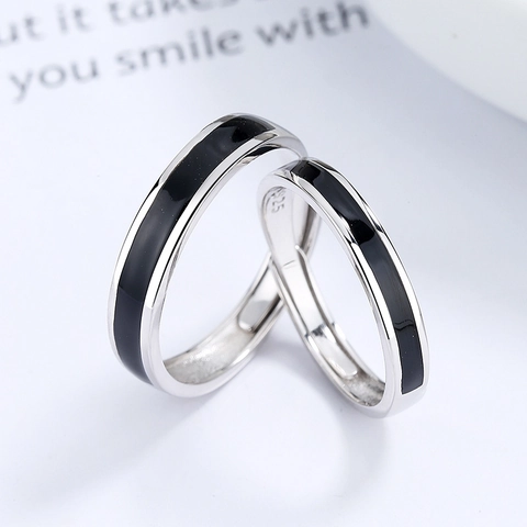 Anelli di Coppia in Argento Sterling 925 Minimalista Smalto Nero Anello Regolabile Aperto Uomo Donna Gioielli Regalo
