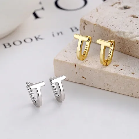 925 Sterling Silver T-Shaped Geometric Hoop Earrings For Women Minimalist Letter T Ear Buckle Simple Fashion Jewelry Gift