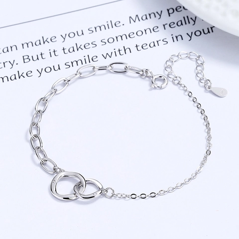 925 Sterling Silver Interlocking Double Circle Bracelet For Women Minimalist Geometric Link Chain Rhinestone Jewelry Gift