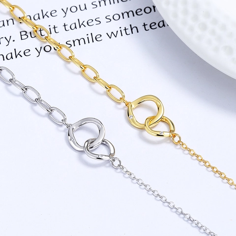 925 Sterling Silver Interlocking Double Circle Bracelet For Women Minimalist Geometric Link Chain Rhinestone Jewelry Gift