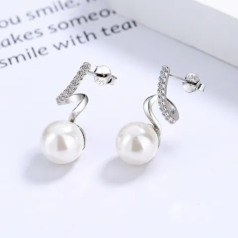 Orecchini Pendenti con Perla Artificiale a Onda in Argento Sterling 925 per Donna Orecchini a Bottone con Strass Gioielli
