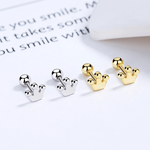 Orecchini a Bottone a Corona in Argento Sterling 925 per Donna Minimalista Design di Nicchia Piccoli con Chiusura a Vite Gioielli Ipoallergenici