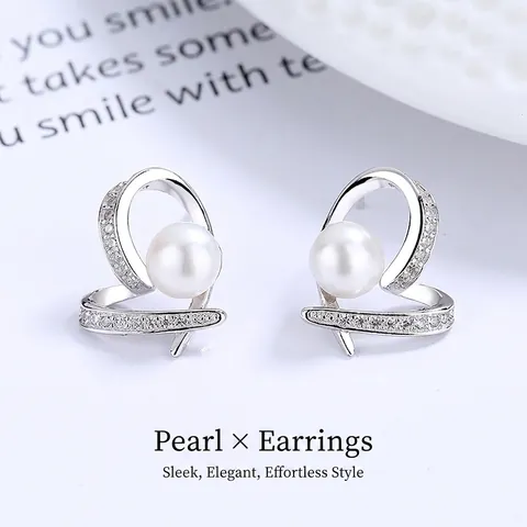 Orecchini a Bottone in Argento Sterling 925 con Perla d'Acqua Dolce a Cuore per Donna con Strass Stile Coreano Elegante