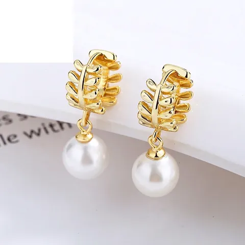 Pendientes de Gota de Perla Artificial y Hoja de Plata de Ley 925 para Mujer Elegantes Pendientes Colgantes de Rama Hueca Joyería de Moda