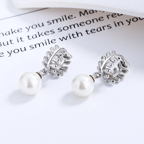 Pendientes de Gota de Perla Artificial y Hoja de Plata de Ley 925 para Mujer Elegantes Pendientes Colgantes de Rama Hueca Joyería de Moda