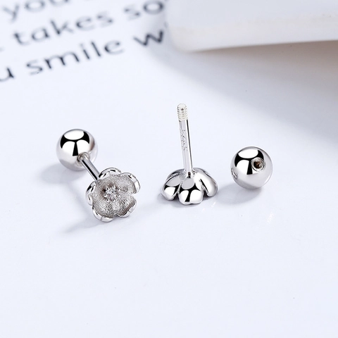 Orecchini a Bottone in Argento Sterling 925 Fiore di Ciliegio Semplice Strass Sakura Orecchini con Vite Posteriore Donna Gioielli