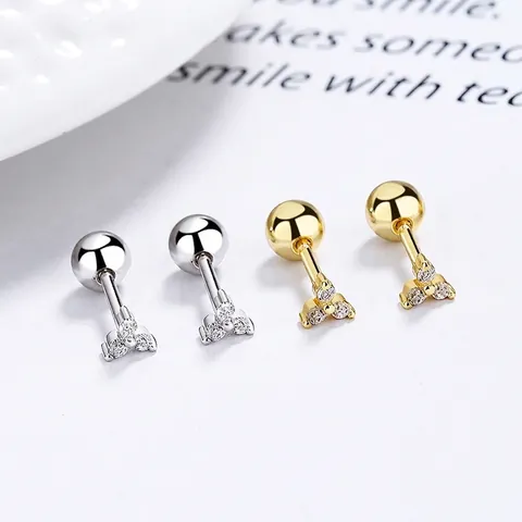 Minimalist 925 Sterling Silver Clover Screw Back Stud Earrings For Women Rhinestone Triangle Tiny Ear Bone Piercing Jewelry