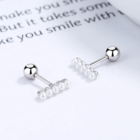 925 Sterling Silver Row Artificial Pearl Screw Back Stud Earrings Minimalist Korean Style Jewelry For Women