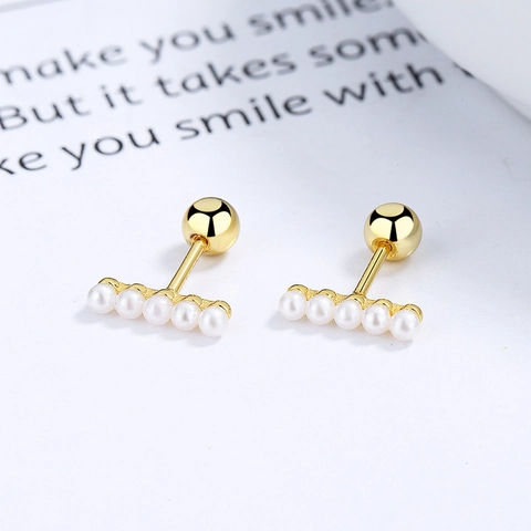 925 Sterling Silver Row Artificial Pearl Screw Back Stud Earrings Minimalist Korean Style Jewelry For Women