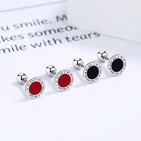 Orecchini a Bottone in Argento Sterling 925 Numeri Romani per Donna Uomo Minimalisti Smalto Nero Rosso Rotondi Gioielli a Vite