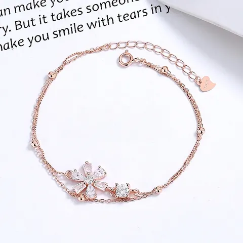 925 Sterlingsilber Kirschblüte Armband Damen Strass Doppelschichtige Kette Romantisch Sakura Blume Verstellbar Schmuck