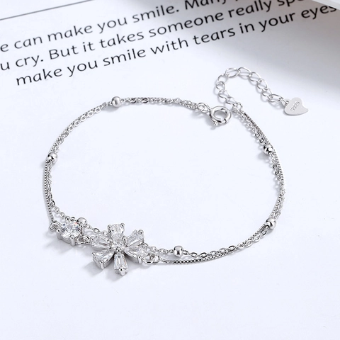925 Sterlingsilber Kirschblüte Armband Damen Strass Doppelschichtige Kette Romantisch Sakura Blume Verstellbar Schmuck