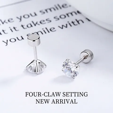 925 Sterling Silver Cubic Zirconia Stud Earrings For Women Four Prong Screw Back Minimalism Small Cartilage Jewelry Gift