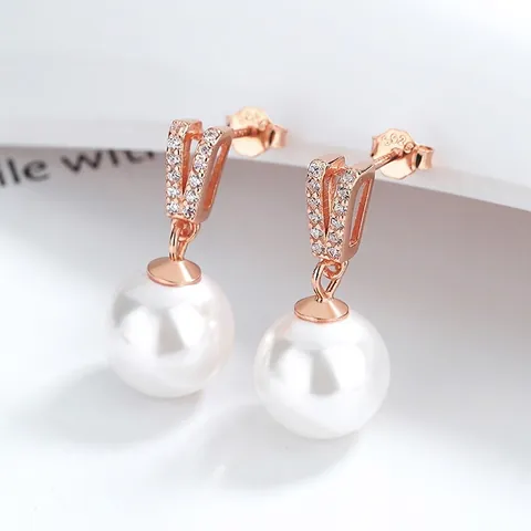 French Elegant 925 Sterling Silver Earring Post Artificial Pearl Earrings With Rhinestone V Shape Inlaid Jewelry For Women