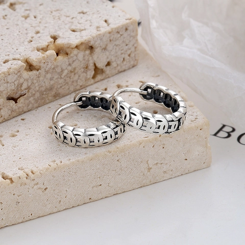 925 Sterlingsilber Antike Münze Creolen Vintage Chinesischer Stil Thai Silber Oxidierte Huggie Ohrringe Damen