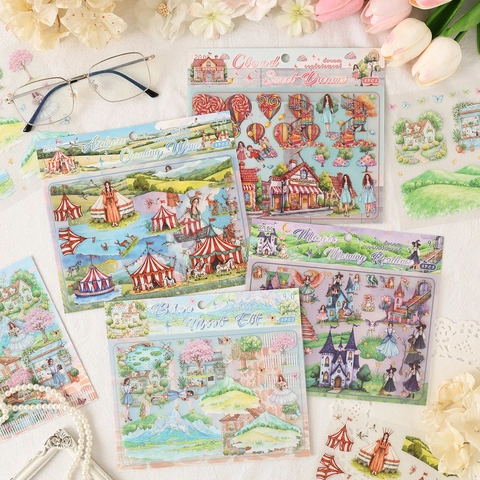 4 Styles Fairy Tale Dream Series Decorative Stickers For Journal DIY Hand Drawn Illustration PET Scrapbooking Stickers