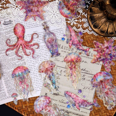 Autocollants Imperméables en PET Fantasy Sea Créatures Océaniques Rêveuses Méduse Baleine Irisée Scrapbooking Décalcomanies Bricolage Papeterie
