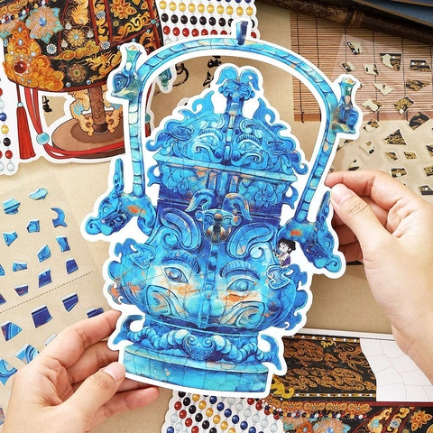 Vintage Chinesischer Stil DIY Puzzle PET Aufkleber Set Kaiserkrone Antike Bronze Artefakt Muster Dekorative Aufkleber Für Scrapbooking Journaling Dekoration