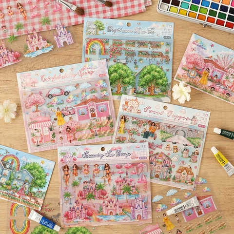 Aquarell PET Landschaft Aufkleber Scrapbooking Dekoration Material DIY Floral Architektur Illustration Szenerie Matt Finish Dekorativ