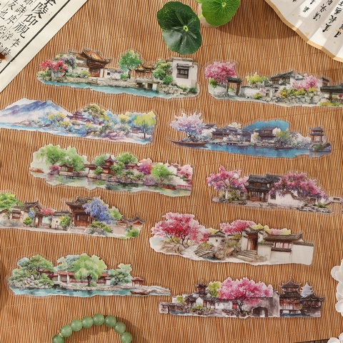 Ancient Chinese Style PET Waterproof Landscape Stickers 10 Sheets Four Seasons Garden Architecture Stickers For DIY Journal Scrapbook Decoration