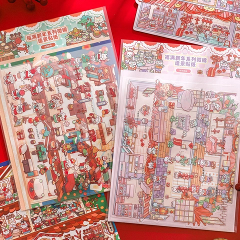 Festive Miniature Scene Sticker Set With Colorful Illustrations Durable Printed PET Material For Scrapbooking And DIY Craft Projects