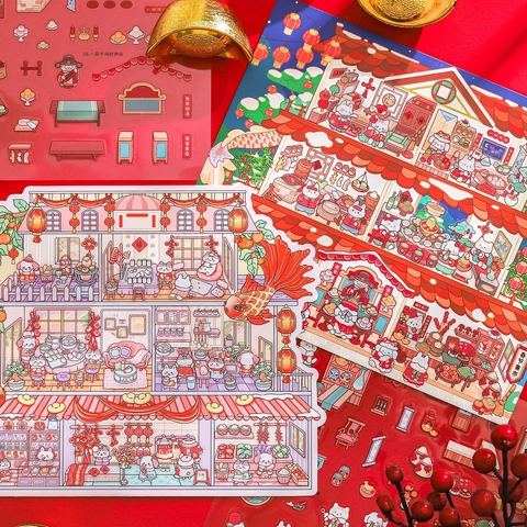 Festive Miniature Scene Sticker Set With Colorful Illustrations Durable Printed PET Material For Scrapbooking And DIY Craft Projects