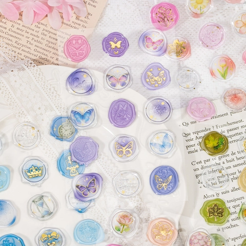 Vintage Wax Seal Style 3D Epoxy Stickers Floral Butterfly Series Hot Stamping Decorative Stickers For DIY Scrapbooking Journal Material