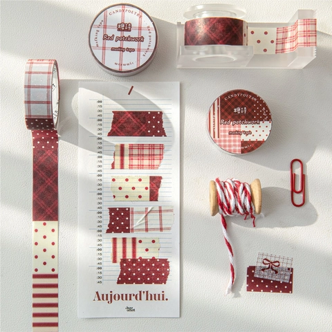 Crimson Prologue Series PET Glitter Masking Tape Vintage Red Patchwork Bow Heart Star Pattern Decorative Journal Tape