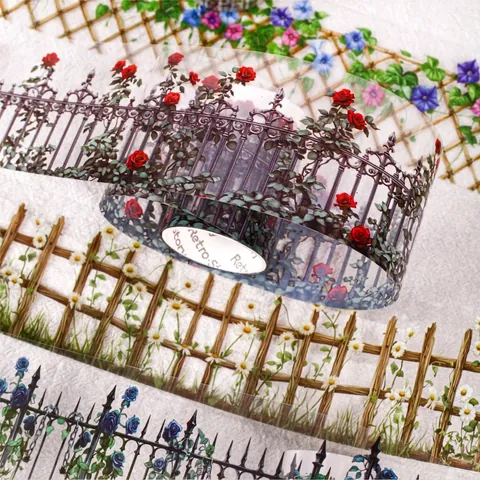 Nastro Adesivo Decorativo in PET Vintage con Fiori e Recinzione per Scrapbooking Diario Materiale Fai da Te Adesivo con Motivo Floreale