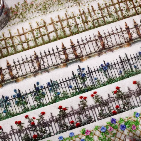 Nastro Adesivo Decorativo in PET Vintage con Fiori e Recinzione per Scrapbooking Diario Materiale Fai da Te Adesivo con Motivo Floreale