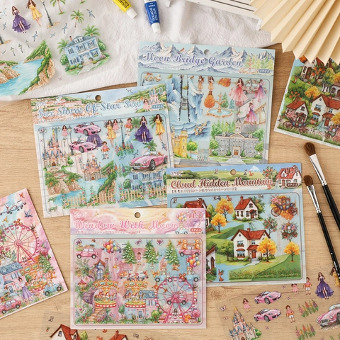 Serie di Adesivi in PET Midsummer Micro View Paesaggio Acquerello Architettura per Scrapbooking DIY Diario Decorazione