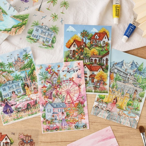 Serie di Adesivi in PET Midsummer Micro View Paesaggio Acquerello Architettura per Scrapbooking DIY Diario Decorazione