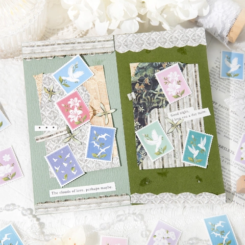 Retro-Briefmarken-Stil Spezialpapier Aufkleber Blumen Vogel Muster Geprägt Dekorative DIY Scrapbooking Journaling Material Set
