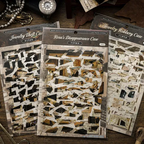 Vintage Detective Mystery Jigsaw Sticker Set 3 Sheets Retro Investigation Clues Scrapbooking DIY Journaling Puzzle Stickers