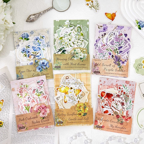 80PCS Vintage Flower Rest Station Series Journaling Material Pack Botanical Floral Stickers Background Paper For DIY Crafts