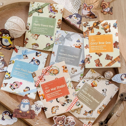 Bestickte Optik Süße Haustiere Aufkleber Paket 40 Blatt Stoffbuch Serie DIY Scrapbooking Dekor Weißes Kraftpapier Tiersticker