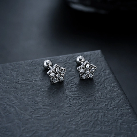 Titanium Steel Rhinestone Flower Stud Earrings For Men Women Luxury Polished Floral Ear Bone Nail Piercing Jewelry