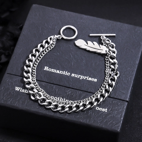Bracciale a Doppio Strato con Ciondolo a Piuma in Acciaio Inossidabile per Uomo Donna Elegante Chiusura a Scomparsa Gioielli