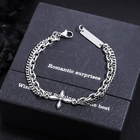Bracciale a Catena a Doppio Strato in Acciaio al Titanio con Quadrifoglio per Uomo Donna Minimalista Placcato Argento Targhetta ID Pendente Fiore