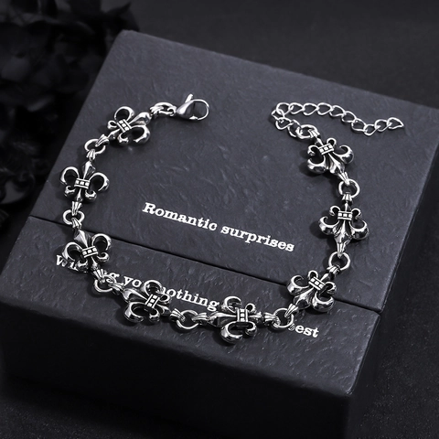 Vintage Legierung Fleur-de-lis Kreuz Kette Halskette Und Armband Punk Gothik Antik Silber Schmuck Für Herren Damen