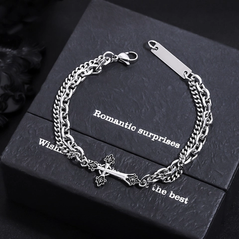 Vintage Titanium Steel Cross Pendant Bracelet For Men Women Double Layer Chain Gothic Punk Style Polished Jewelry Accessory