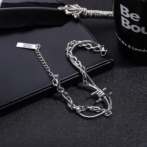 Punk Industrial Double Layer Chain Bracelet For Men Women Silver Titanium Steel Barbed Wire Design Hip Hop Streetwear Jewelry Gift