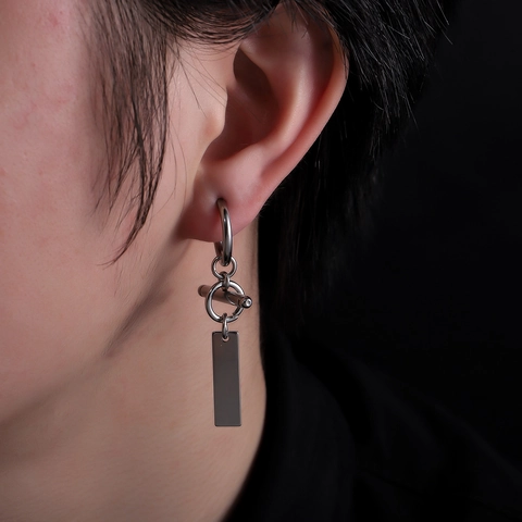 Unisex Titanstahl Clip On Hoop Ohrringe Ohne Piercing Minimalistisch Industrie T-Bar Rechteck Anhänger Silber Schmuck