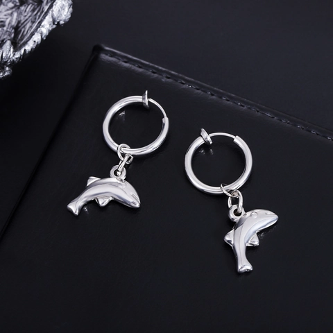 Orecchini a Clip in Acciaio al Titanio con Ciondolo a Delfino Senza Piercing Argento Strass Animale Orecchini per Uomo Donna Gioielli
